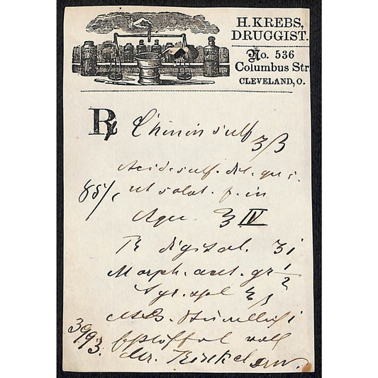 H. Krebs, Druggist Columbus St. Cleveland c1870's* Prescription #3993