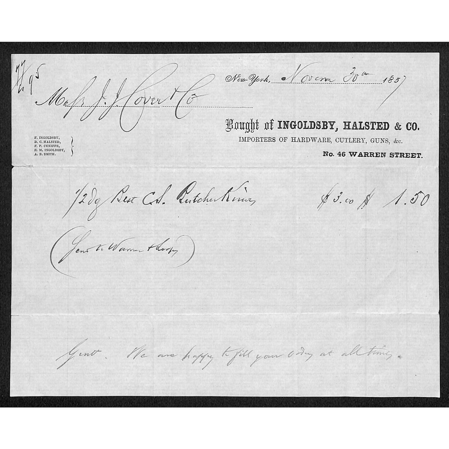 Ingoldsby, Halsted & Co Hardware, NYC 1857 J.J. Cover, Johnsville, OH* Billhead