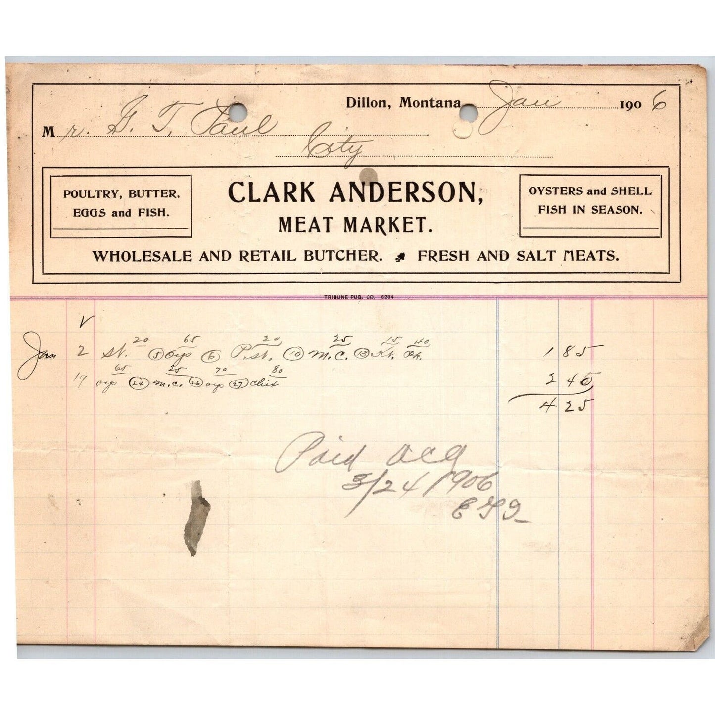 Dillon, MT Clark Anderson Meat Market Butcher Oysters Salt 1906 Billhead