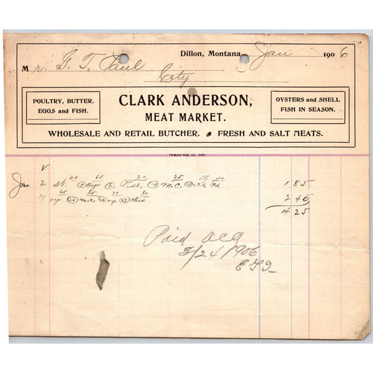Dillon, MT Clark Anderson Meat Market Butcher Oysters Salt 1906 Billhead