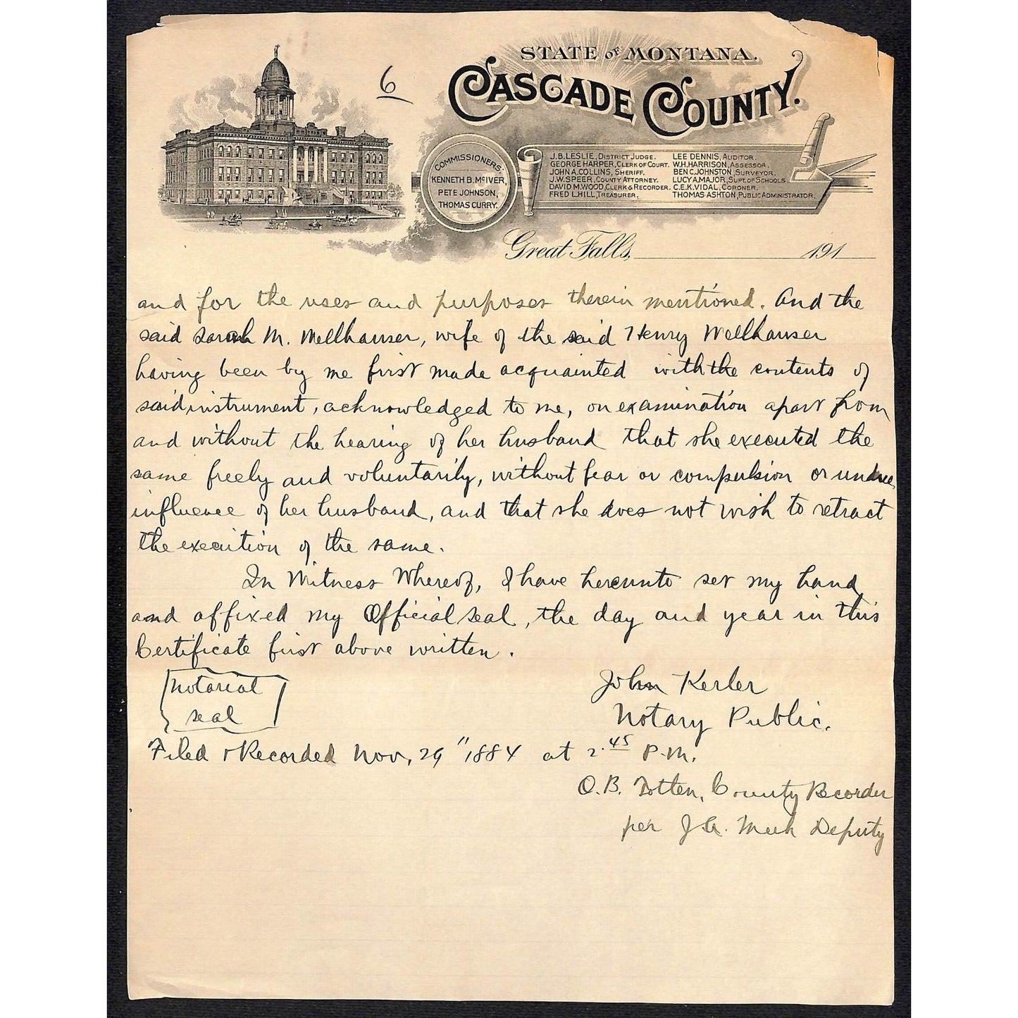 Great Falls, MT "State of Montana Cascade County" pp 5 & 6 of 1884 ALS re: Legal