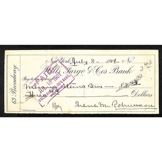 1901 Wells Fargo & Co Bank 63 Broadway NYC Check - Stern Brothers