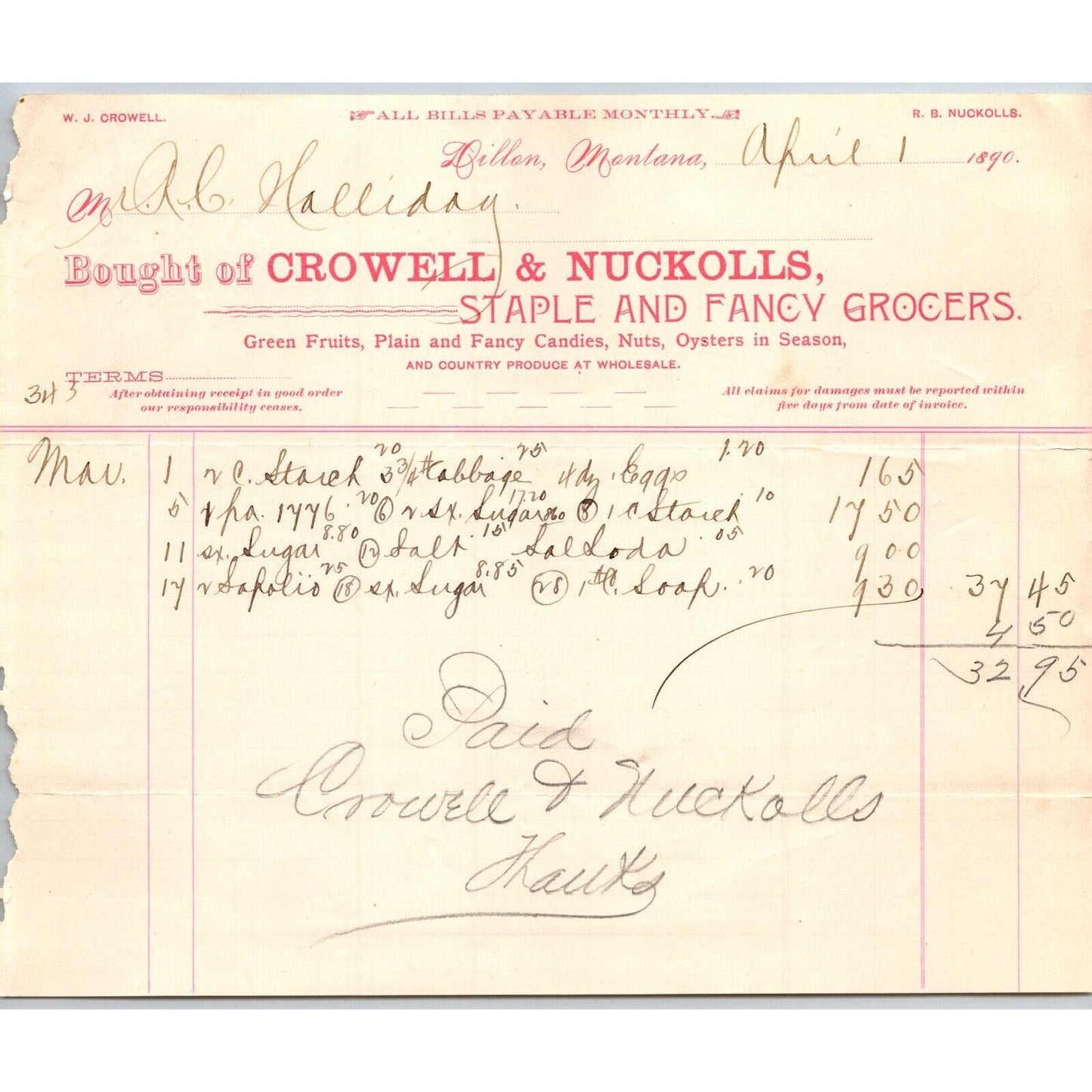 Dillon MT Crowell & Nuckolls Apr. 1890 Billhead Fancy Groceries R.C. Halliday*