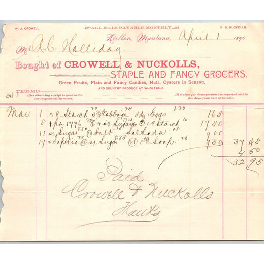 Dillon MT Crowell & Nuckolls Apr. 1890 Billhead Fancy Groceries R.C. Halliday*
