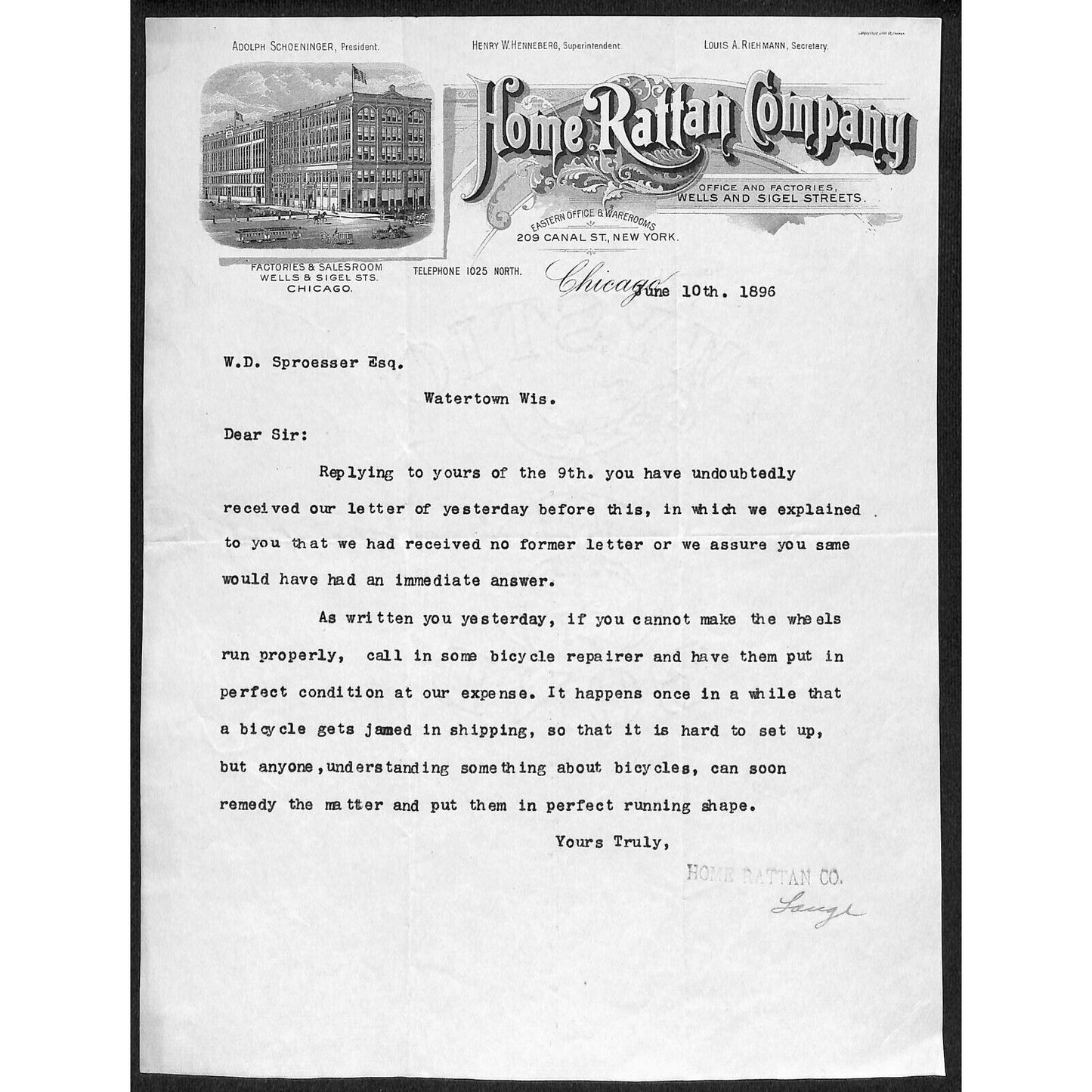 Home Rattan Company Chicago 1896 Letterhead / Mass Production Bicycle Pioneer