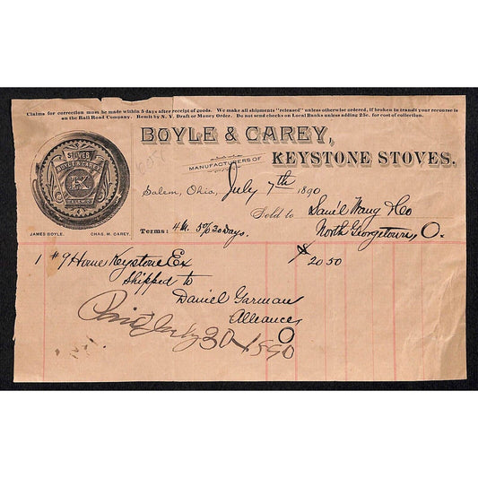 Boyle & Carey Keystone Stoves Salem 1890 Billhead Samuel Wang* N. Georgetown OH