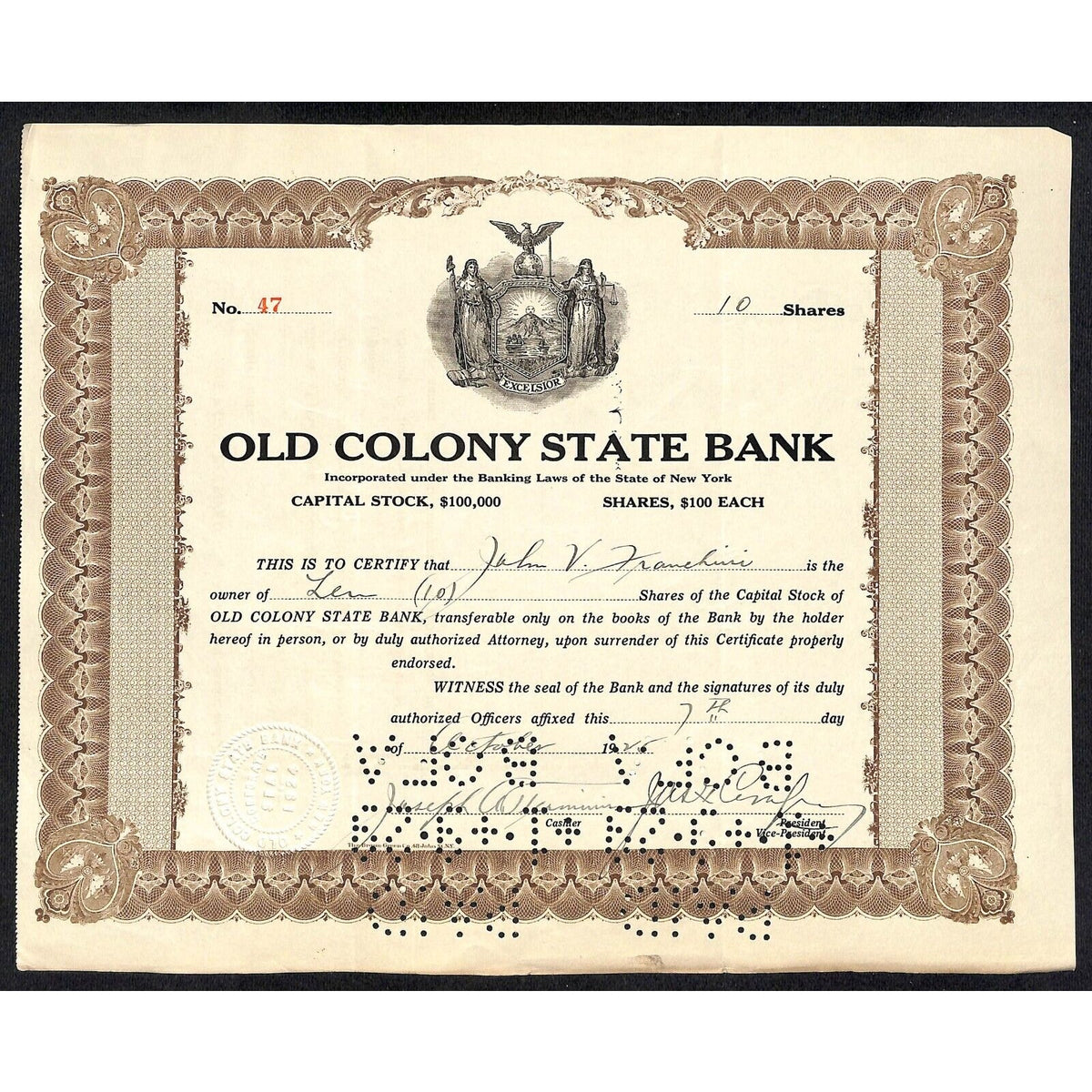 Old Colony State Bank NY 1925 Stock Certificate to John V. Franchini