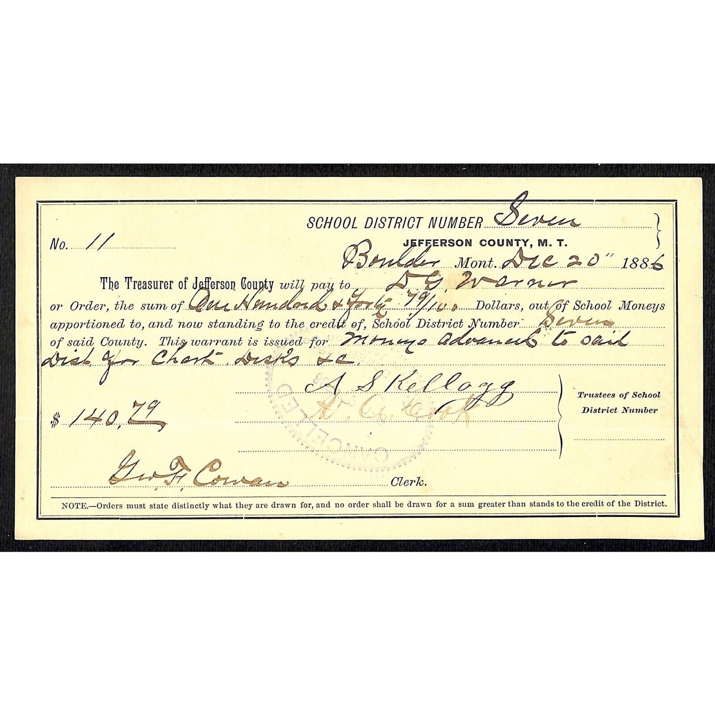 1886 Jefferson County Montana Territory School Warrant - ?? for Chairs Desks