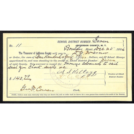 1886 Jefferson County Montana Territory School Warrant - ?? for Chairs Desks
