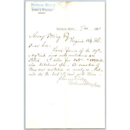 Nelson Story & Willson Bankers Bozeman, MT 5/30 1881 Letterhead Henry Elling*