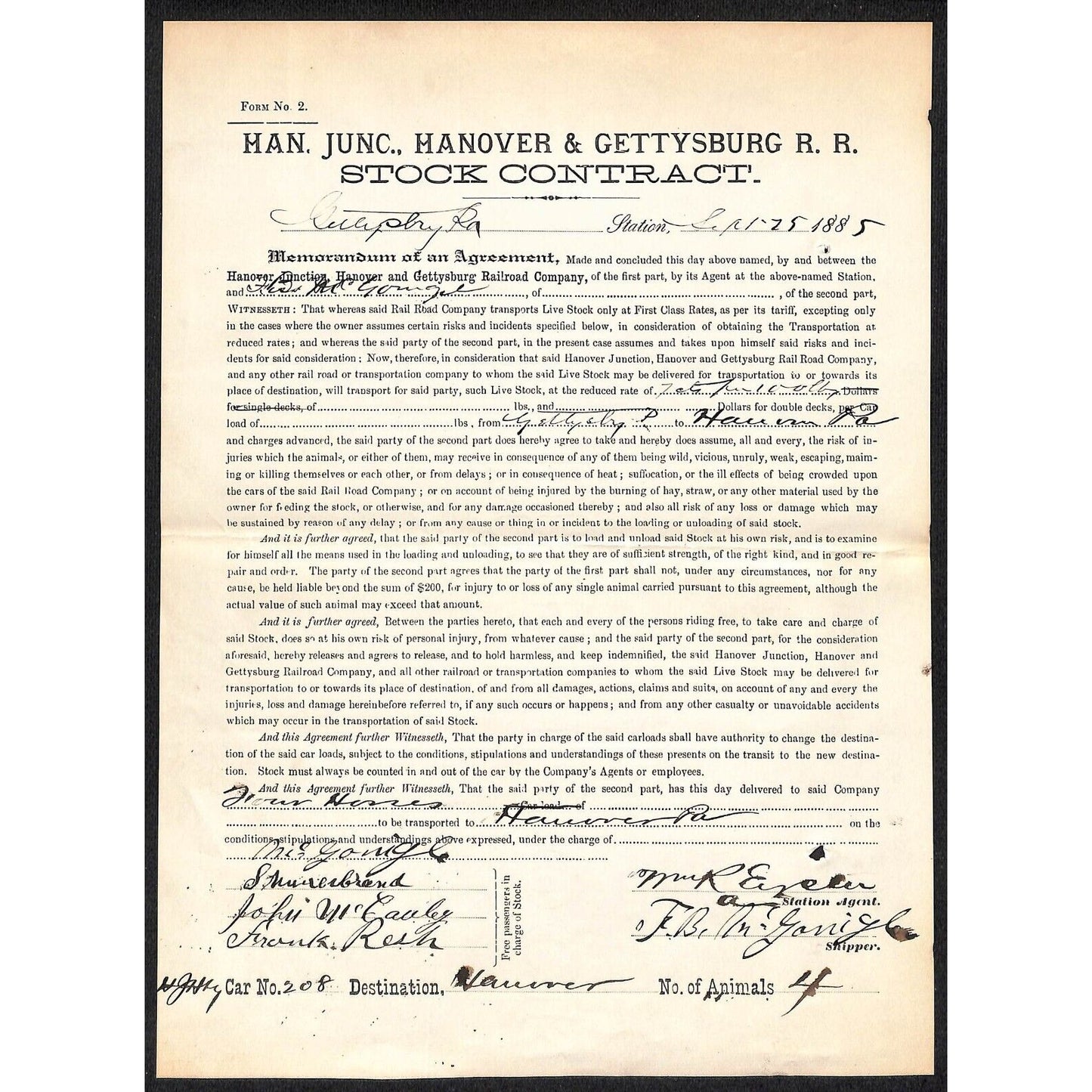 Hanover Junction, Hanover and Gettysburg Railroad 1885 Stock Contract 4 Horses