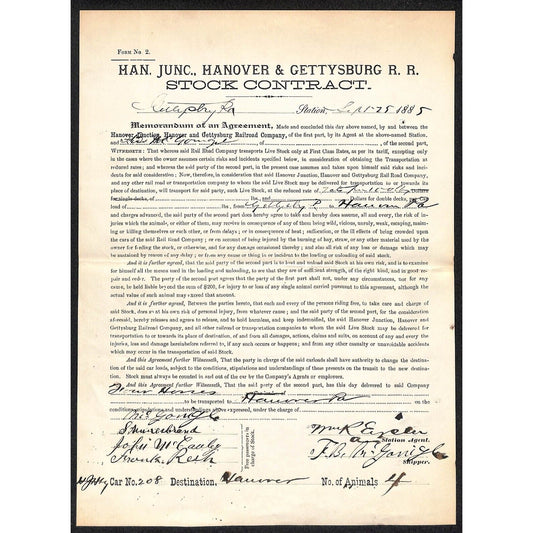 Hanover Junction, Hanover and Gettysburg Railroad 1885 Stock Contract 4 Horses
