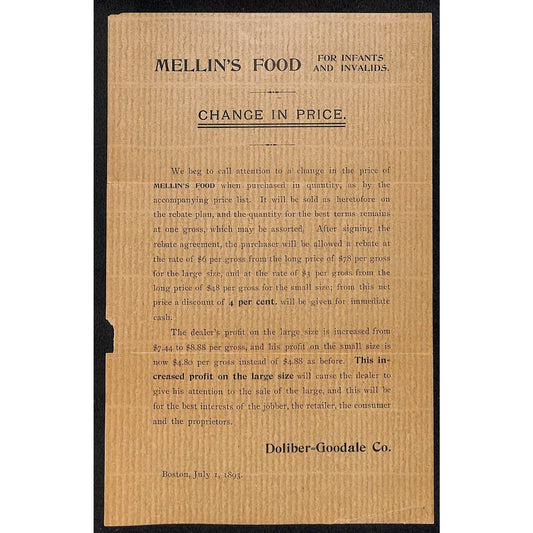 Mellin's Food for Infants and Invalids 1893 Whsle. Price Change Notice Sheet
