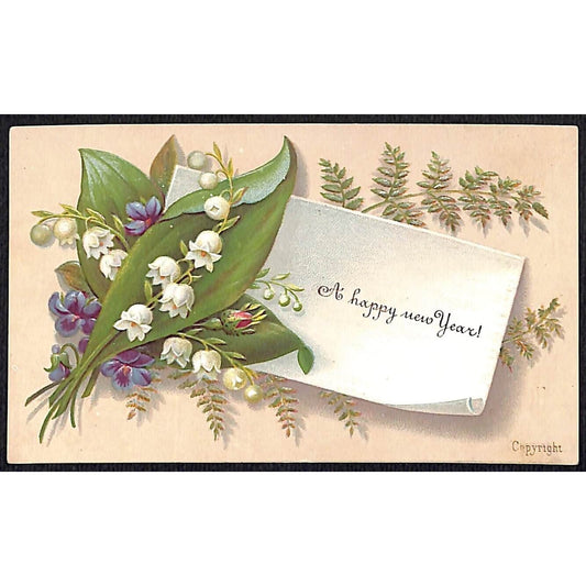 "A Happy New Year" Victorian Holiday Greeting Card Reverse Embossed Floral VGC