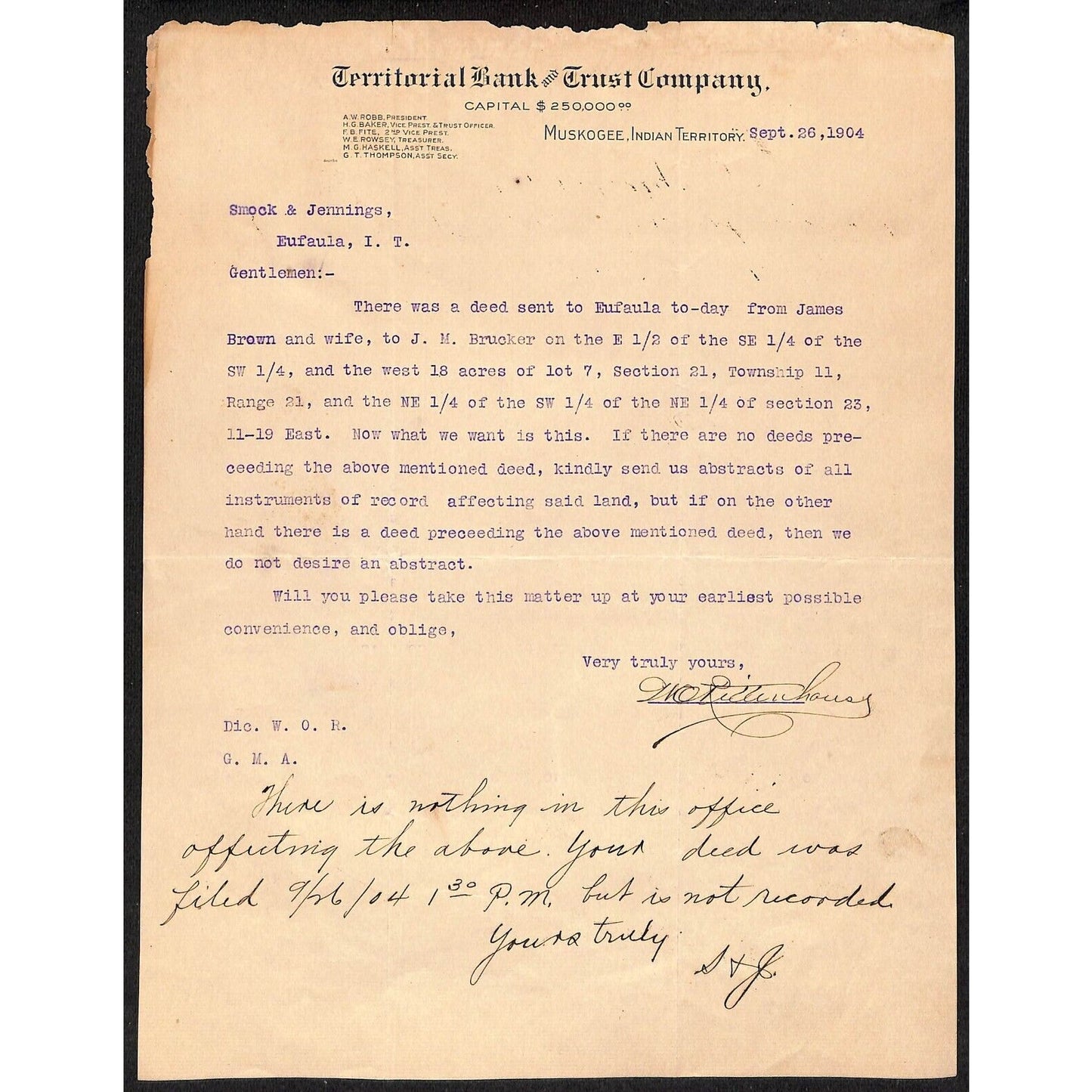 1904 Territorial Bank and Trust Muskogee, OK Indian Territory Letterhead