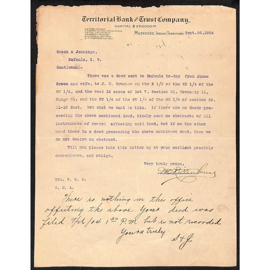 1904 Territorial Bank and Trust Muskogee, OK Indian Territory Letterhead