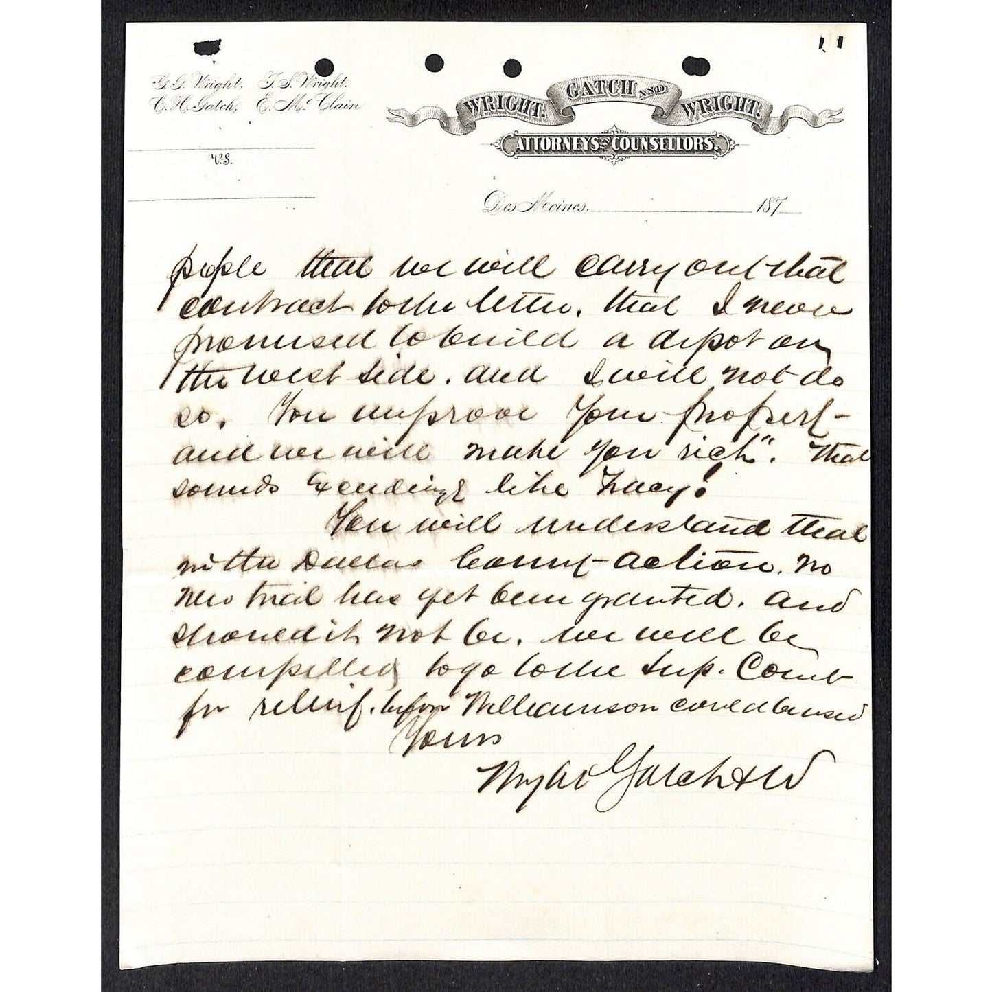 Wright, Gatch and Wright Des Moines Attorneys c1877 Partial Letter Letterhead