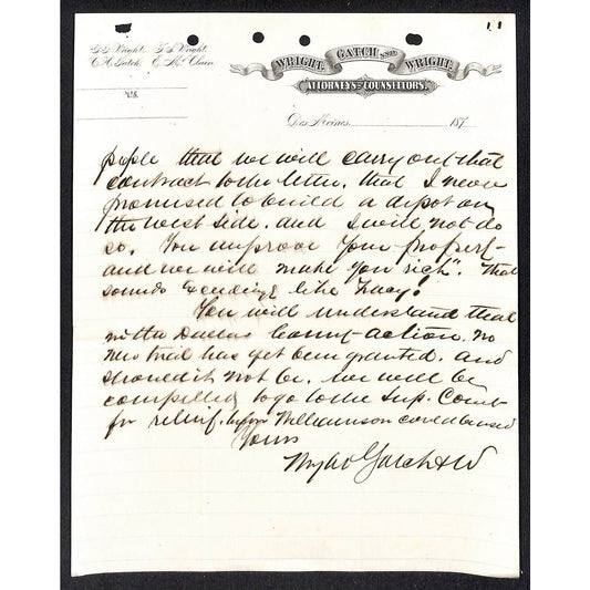 Wright, Gatch and Wright Des Moines Attorneys c1877 Partial Letter Letterhead