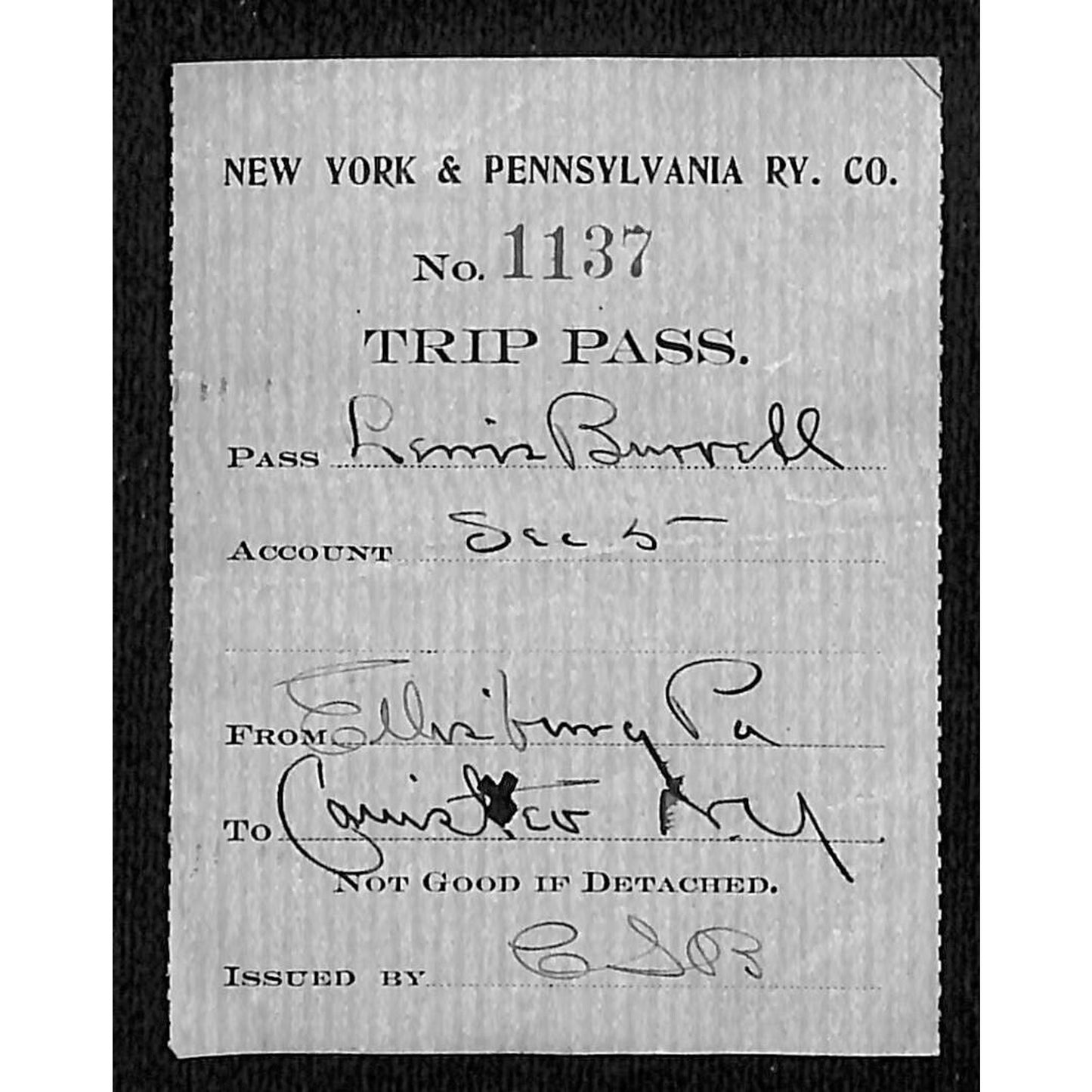 New York & Pennsylvania Ry c1917 Trip Pass Ticket Stub w/Hand Writing #1137