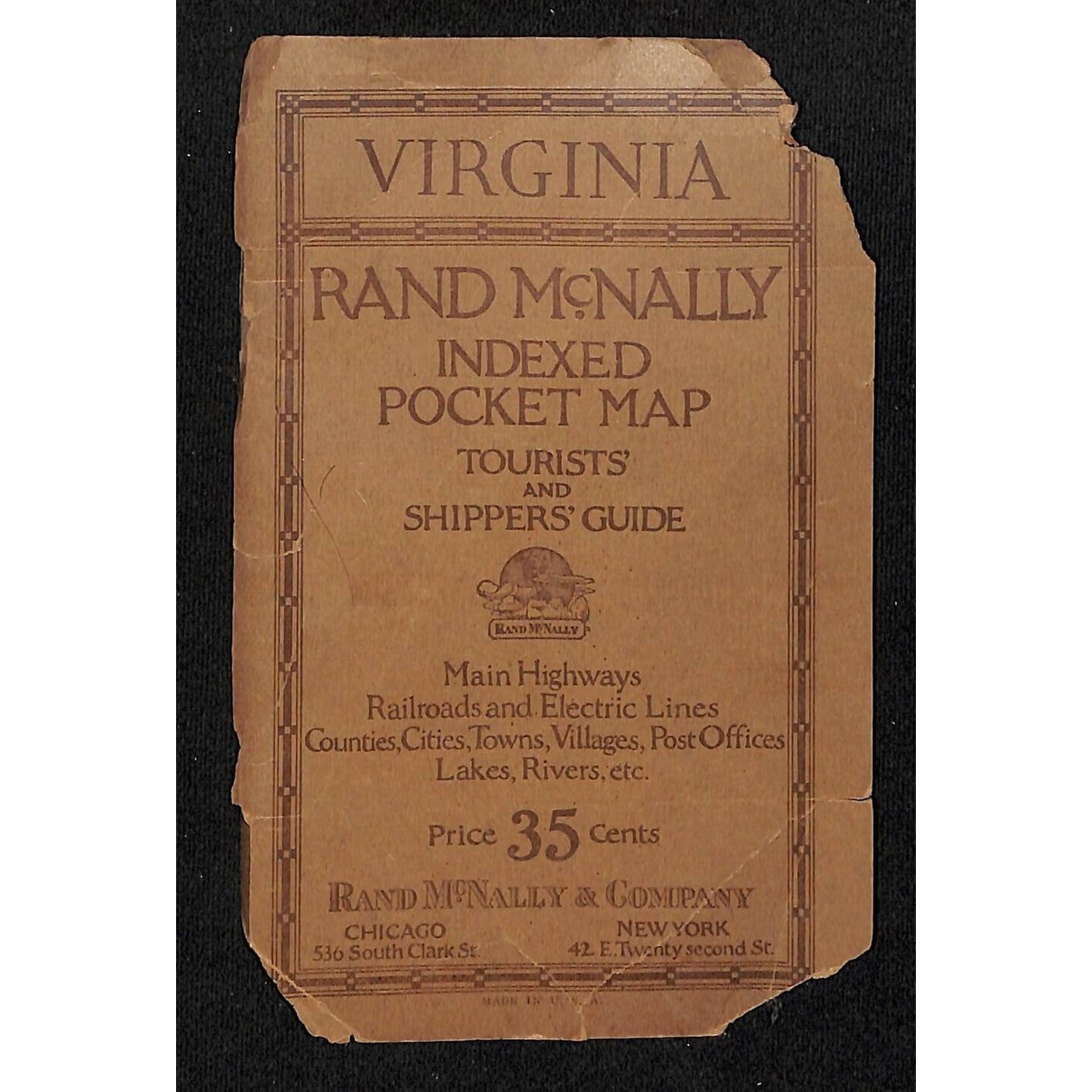 Rand McNally Tourists' Guide Virginia Indexed Pocket Map 21" x 28" c1920's