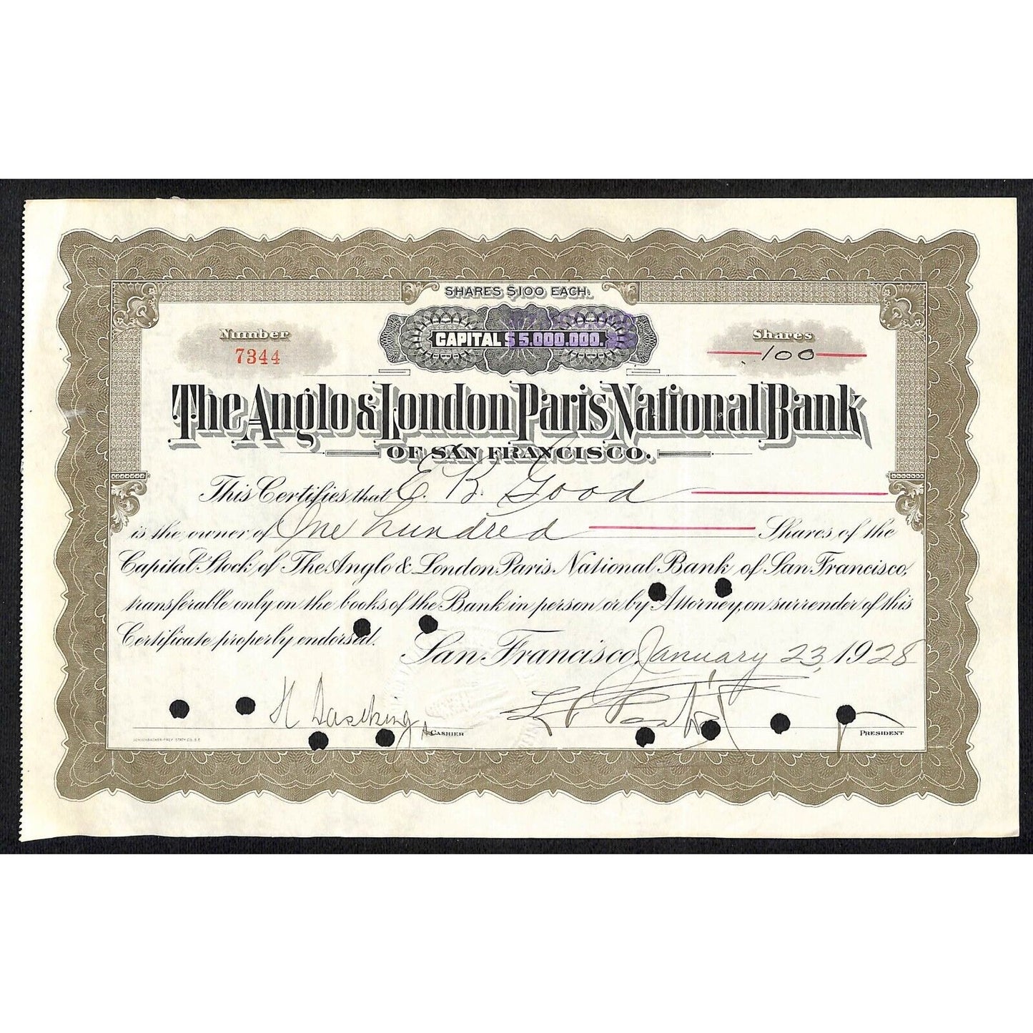 Anglo & London Paris National Bank of San Francisco 1928 Stock Certificate #7344