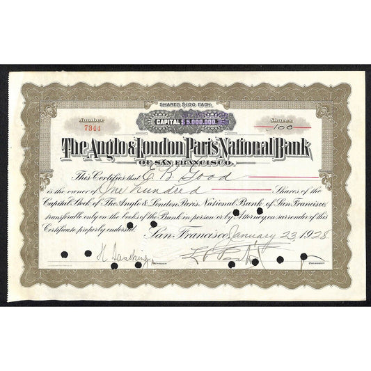 Anglo & London Paris National Bank of San Francisco 1928 Stock Certificate #7344