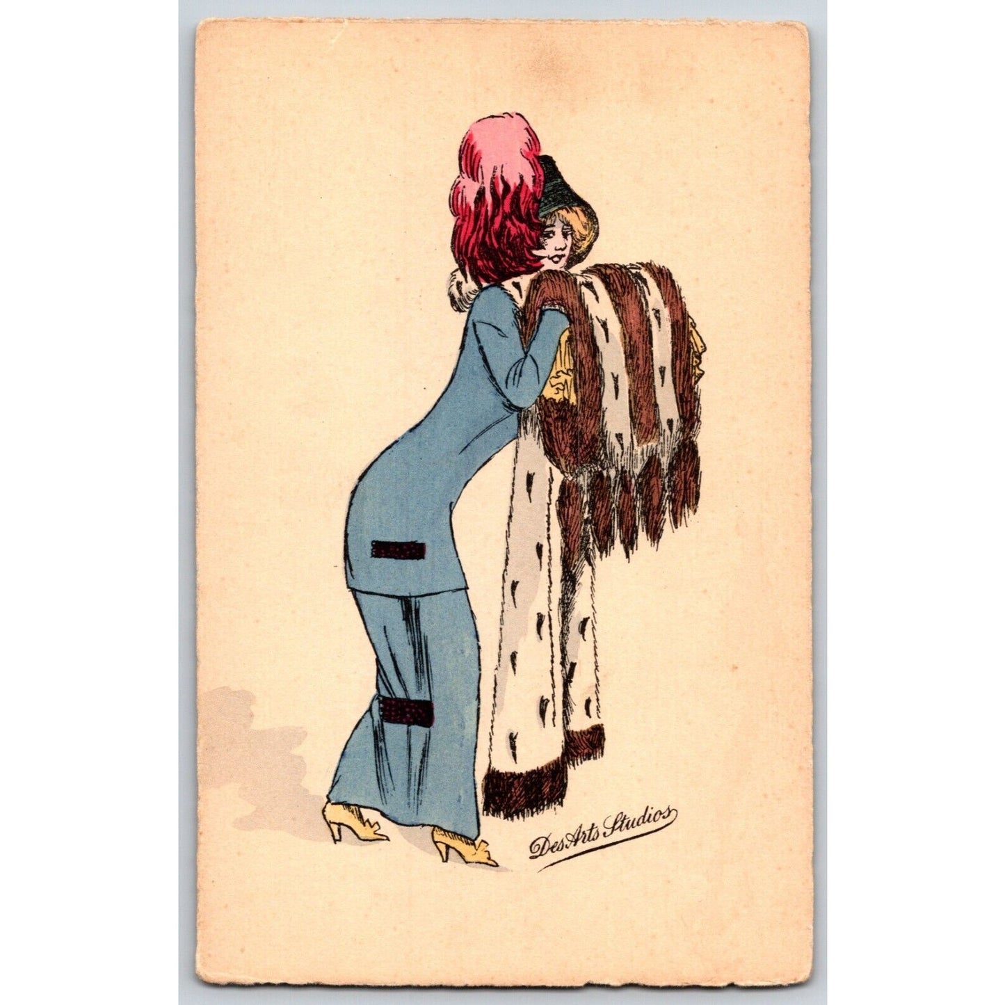 Des Arts Studios Art Nouveau Postcard Fancy Woman Fashion Fur Hat (#5)