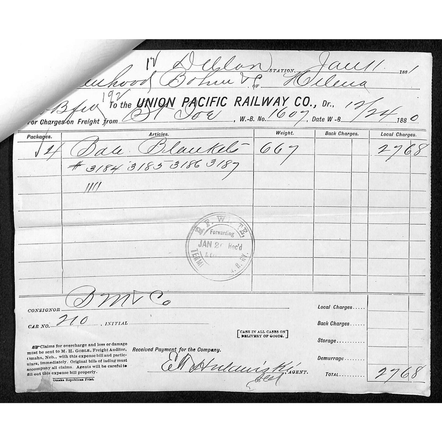 Group of 4 1880-81 Dillon, MT Bank Check Freight Receipt union Pacific Waybills