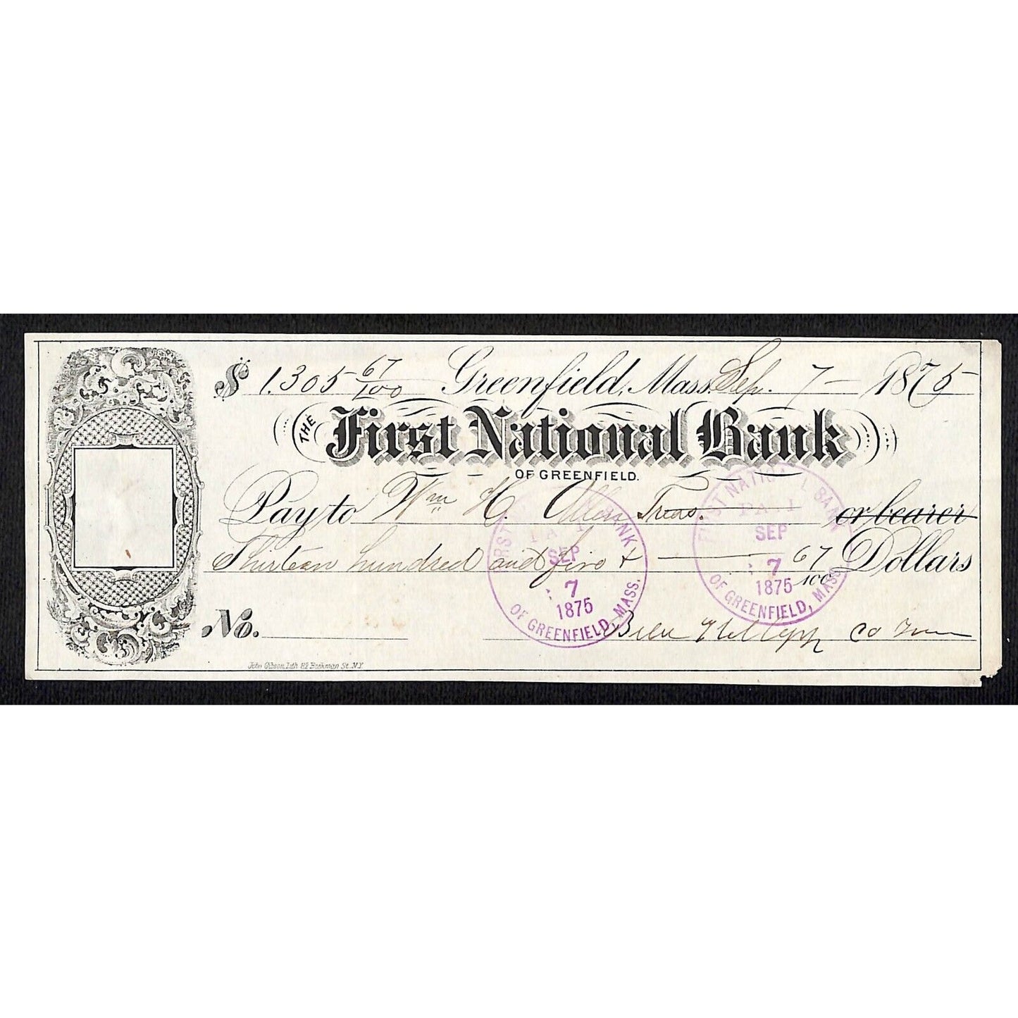 1875 First National Bank of Greenfield MASS $1,305 William H. Allen Bank Check