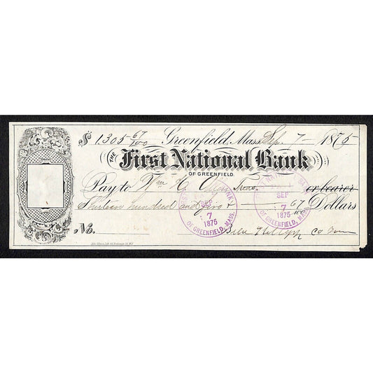 1875 First National Bank of Greenfield MASS $1,305 William H. Allen Bank Check