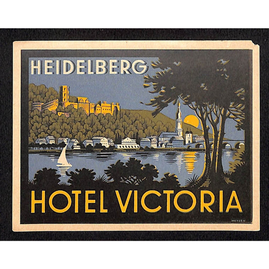 Hotel Victoria Heidelberg Original Luggage Label Sunset Lake Shore Boat NOS