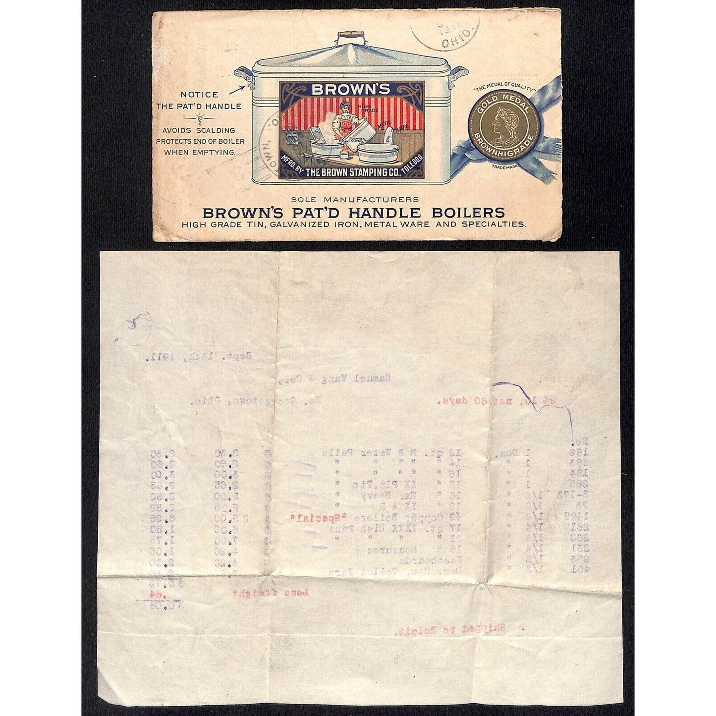 Brown Stamping Co. Samuel Wang Co* N. Georgetown 1911 Billhead & Cover Scarce