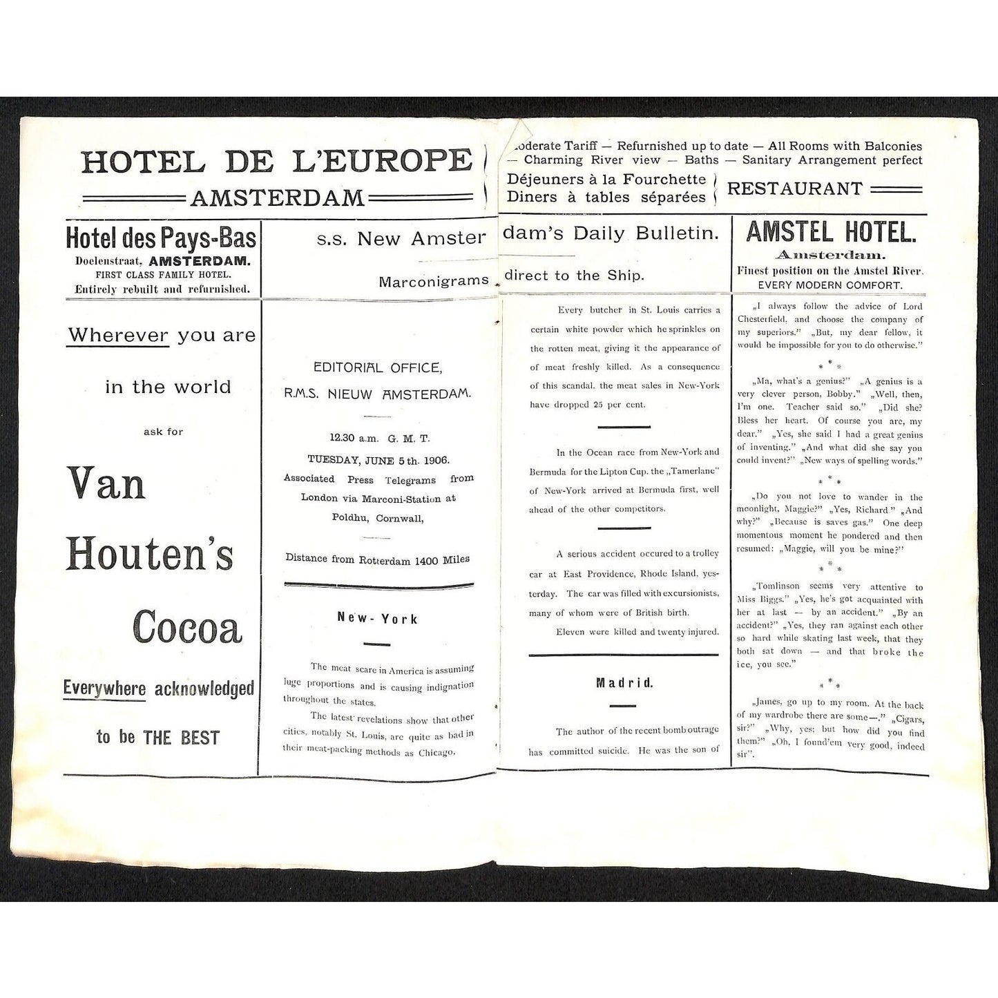 Holland American Line S.S. New Amsterdam Jun 5th 1906 Daily Bulletin 12pp Scarce