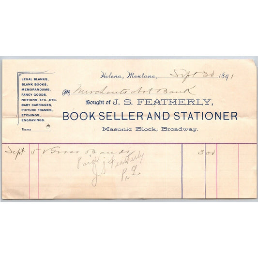 Helena, MT J.S. Featherly Book Seller Stationer 1891 Billhead Scarce
