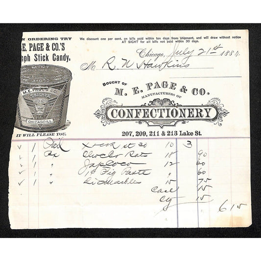 M.E. Page & Co. Chicago Confectionery Triumph Stick Candy 1884 Billhead Scarce