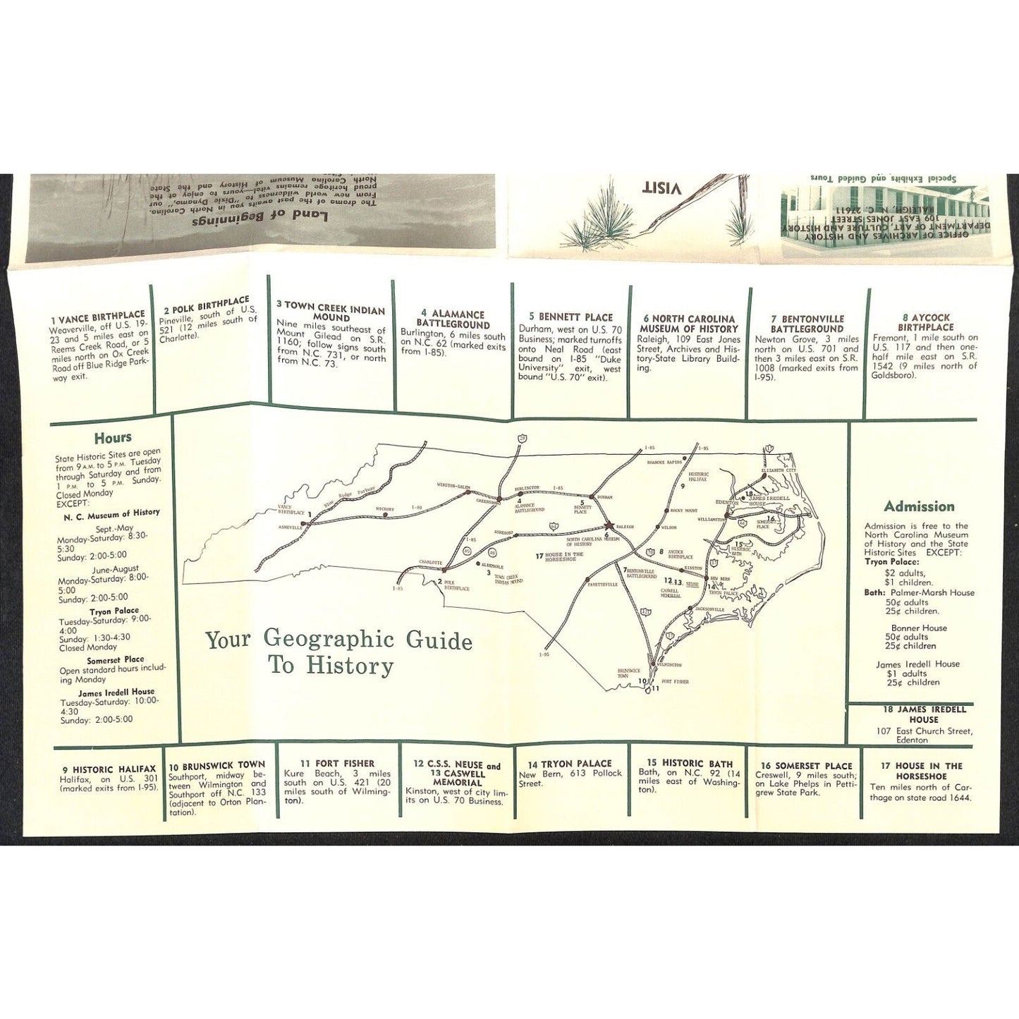 North Carolina Historic Sites c1970 Fold-Out Travel Brochure 15" x 18" VGC