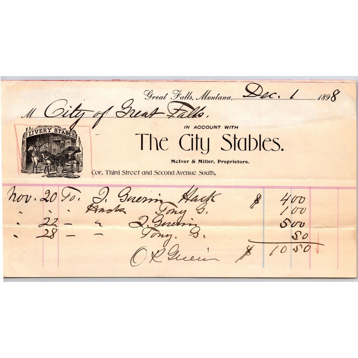 Great Falls, MT "The City Stables" McIver & Miller 1898 Billhead w/ Vignette