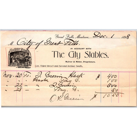 Great Falls, MT "The City Stables" McIver & Miller 1898 Billhead w/ Vignette