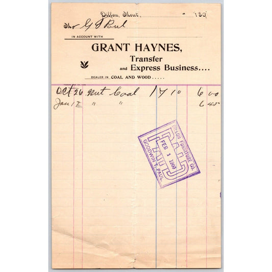 Dillon, MT Grant Haynes Transfer Express Coal Wood 189x 1900 Billhead G.T. Paul*