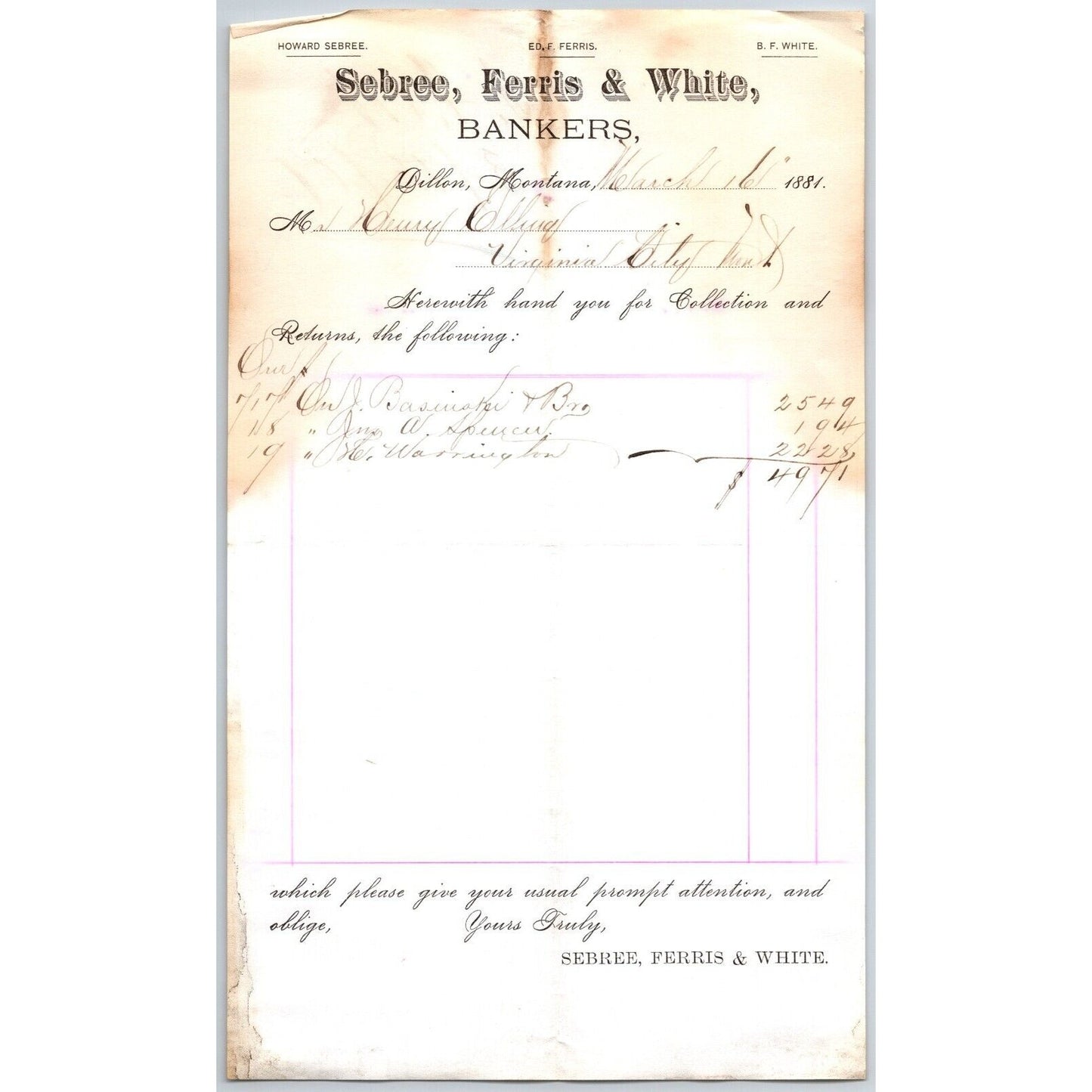 Sebree, Ferris & White Bankers Dillon, MT 3/16 1881 Statement Henry Elling*