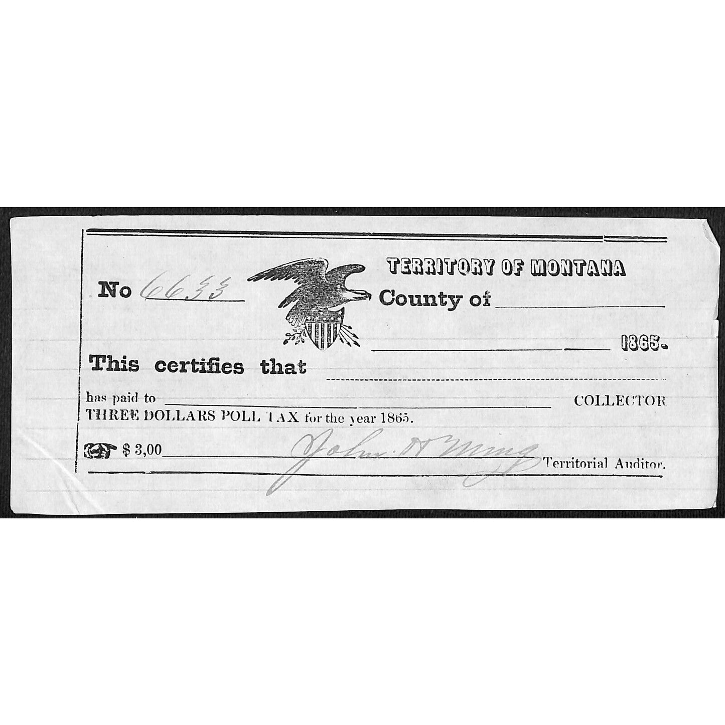 1865 Territory of Montana $3 Poll Tax Receipt #6633 VGC Scarce