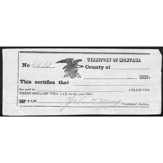 1865 Territory of Montana $3 Poll Tax Receipt #6633 VGC Scarce
