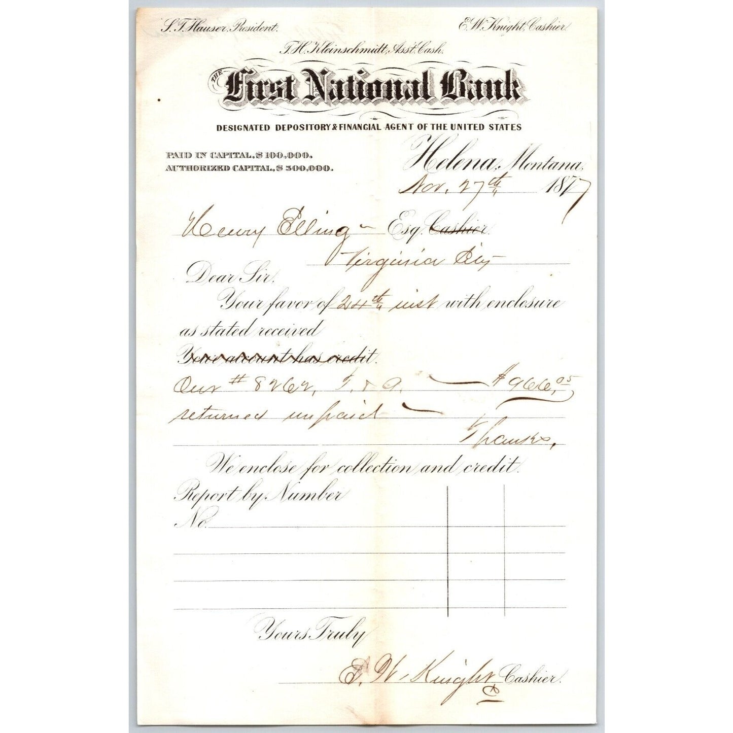 First National Bank Helena, MT 1/21 1877 Unpaid Advice Henry Elling*