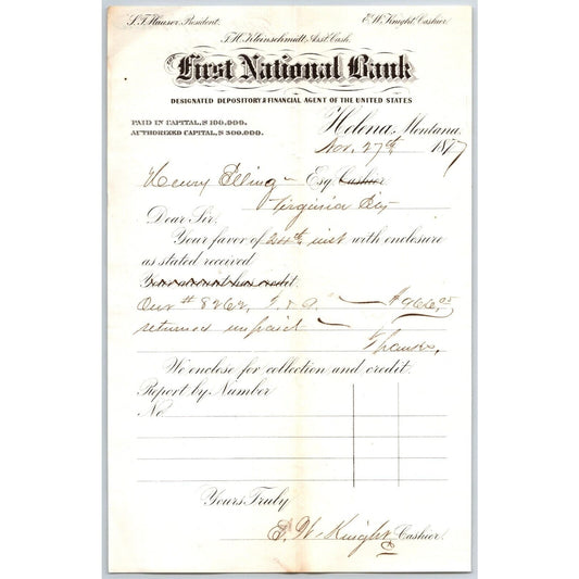 First National Bank Helena, MT 1/21 1877 Unpaid Advice Henry Elling*