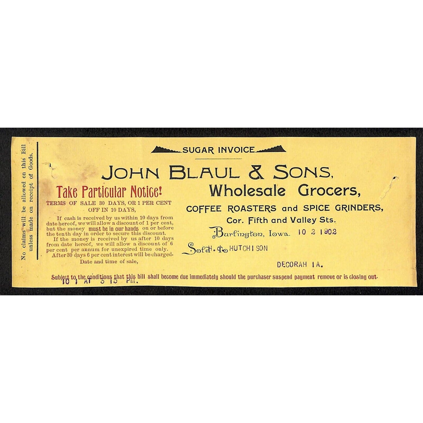 John Blaul's Sons Coffee Burlington, IA Hutchinson* 10/ 1902 Cut "Sugar Invoice"