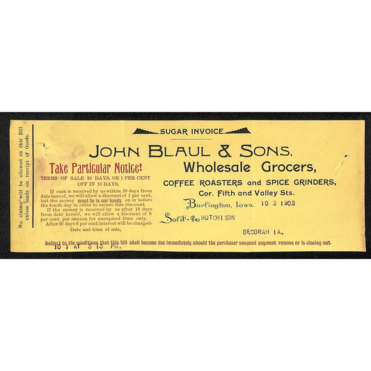 John Blaul's Sons Coffee Burlington, IA Hutchinson* 10/ 1902 Cut "Sugar Invoice"