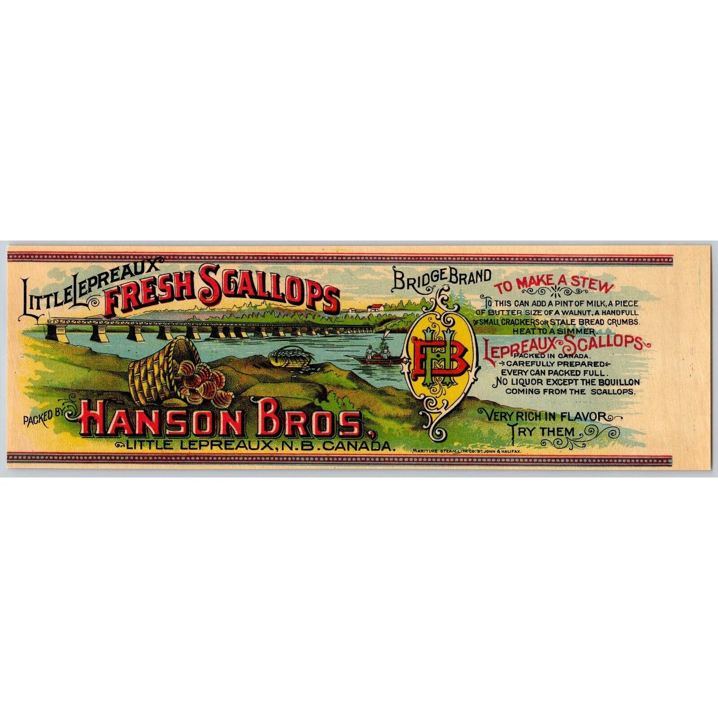 Hanson Bros. Bridge Brand Fresh Scallops Canadian Paper Can Label - c1903 Scarce