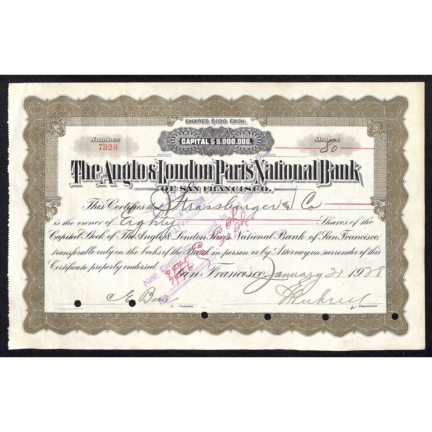 Anglo & London Paris National Bank of San Francisco 1928 Stock Certificate #7329