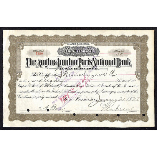 Anglo & London Paris National Bank of San Francisco 1928 Stock Certificate #7329