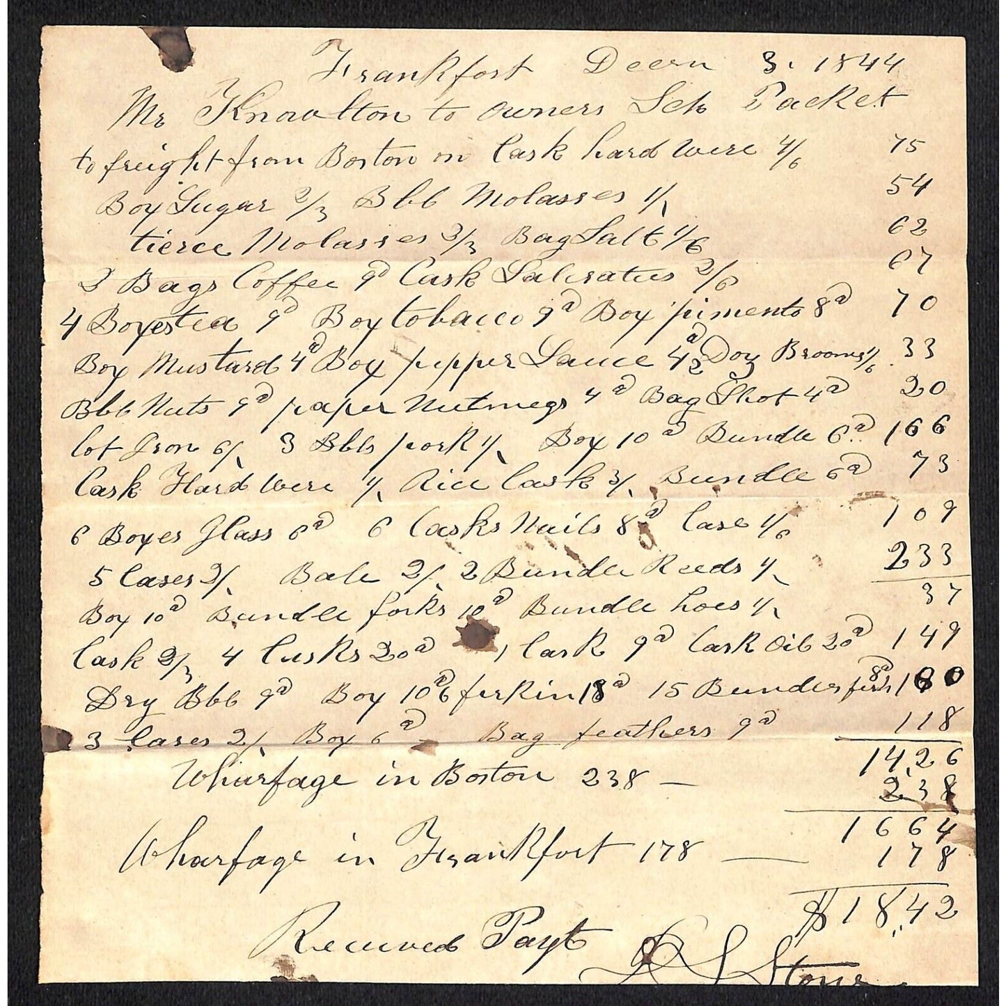 1844 Jabez Knowlton* Newburgh, ME Receipt Freight & Wharfage Items from Boston